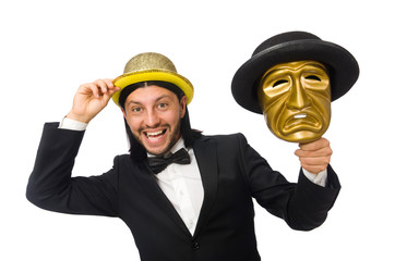 Man with theater mask isolated on white