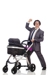 Funny dad with baby and pram on white