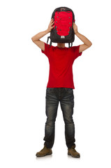 Young traveller with backpack isolated on white