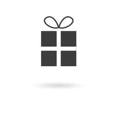 Dark grey icon of gift (present) on white background with shadow