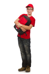 Young traveller with backpack isolated on white