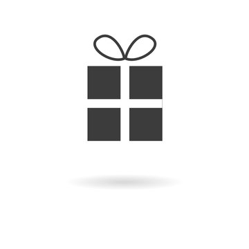 Dark grey icon of gift (present) on white background with shadow