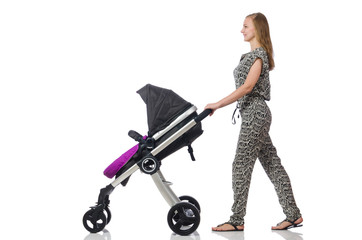 Happy mom with her baby in pram