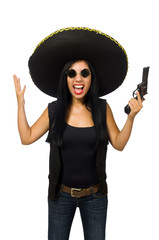 Young mexican woman with gun on white