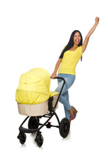 Woman with baby and pram isolated on white