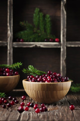 Fresh red cranberry on the vintage table