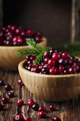 Fresh red cranberry on the vintage table