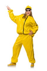 Woman in yellow suit isolated on white
