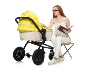 Woman with baby and pram isolated on white