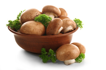 Mushrooms in bowl, isolated on white