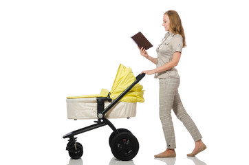Woman with baby and pram isolated on white