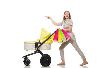 Woman with pram isolated on white