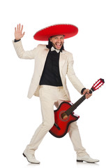 Naklejka premium Funny mexican in suit holding guitar isolated on white