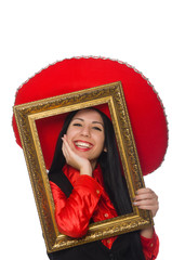 Fototapeta premium Mexican woman with picture frame on white