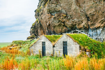 Traditional icelandic houses with grass roof