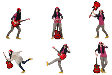 Hipste guitar player isolated on white