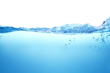 Close up blue Water splash with bubbles on white background