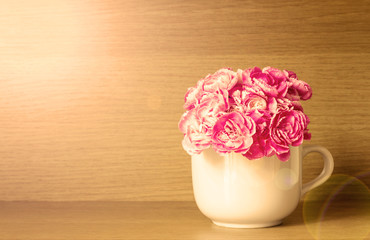 the Fresh pink carnation flower on wooden shelf background