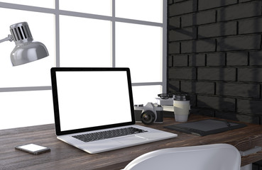 3D illustration laptop and work stuff on table near brick wall, Workspace