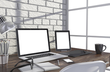Fototapeta premium 3D illustration laptop and work stuff on table near brick wall, Workspace