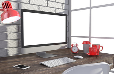 3D illustration PC screen on table in office, Workspace