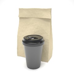 Coffee to go and lunch bag, on white.