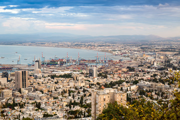 Fototapeta premium Panorama of Haifa - port and modern buildings, Israel