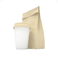 Coffee to go and lunch bag, on white.