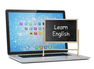  Laptop with chalkboard, learn english, online education concept