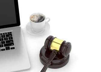 Gavel, laptop and coffee