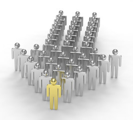 Many 3d people figure in arrow shape with the leader in front