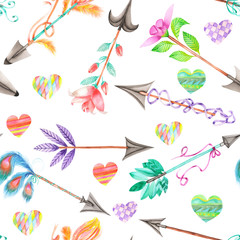 Seamless pattern of watercolor romantic arrows and hearts on a white background