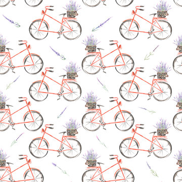 Seamless pattern of red bicycle with basket of lavender flowers painted in watercolor on a white background