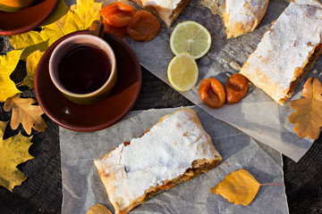 Strudel with custard and orange. Christmas Stollen. Christmas table decoration.