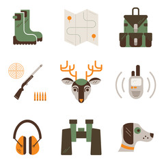 Vector set of deer hunt symbols. Hunting, shooting gear icons. Modern flat set isolated on white background.