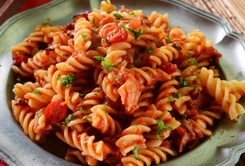 Pasta with hot tomato sauce and chili pepper