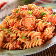 Pasta with hot tomato sauce and chili pepper