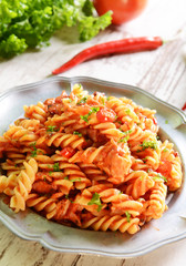 Pasta with hot tomato sauce and chili pepper