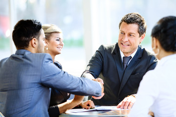 Mature businessman shaking hands to seal a deal with his partner and colleagues in a modern office