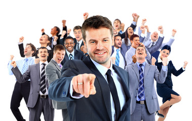 Happy business group.  leader pointing at you