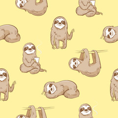 Vector seamless pattern with cute cartoon  sloth  on yellow  background.