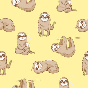 Vector seamless pattern with cute cartoon  sloth  on yellow  background.