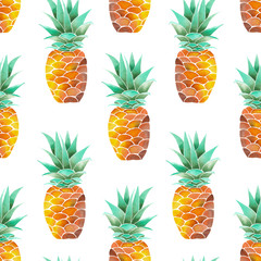 Seamless pattern with yellow watercolor pineapples on a white background