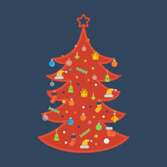 Red stylized Christmas tree. New Year greeting card design. 