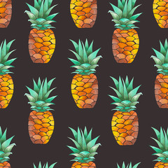 Seamless pattern with yellow watercolor pineapples on a dark brown background