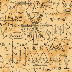 Physical formulas, graphics and scientific calculations. Back to School: science lab objects doodle vintage style sketches on aged paper background. Vintage hand drawn illustration