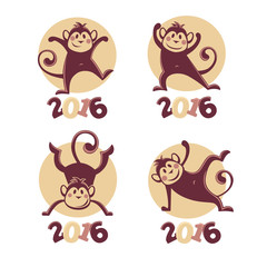 funny monkey silhouettes, vector collection of symbols of 2016