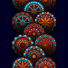 Colorful circle flower mandalas geometric seamless border in blue red and orange, vector