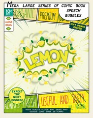 Lemon. Colorful explosion with fruit, splashes and clouds of smoke with caption in comic style.. 3D realistic pop art speech bubble
