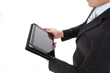 Portrait of handsome business man with tablet computer.